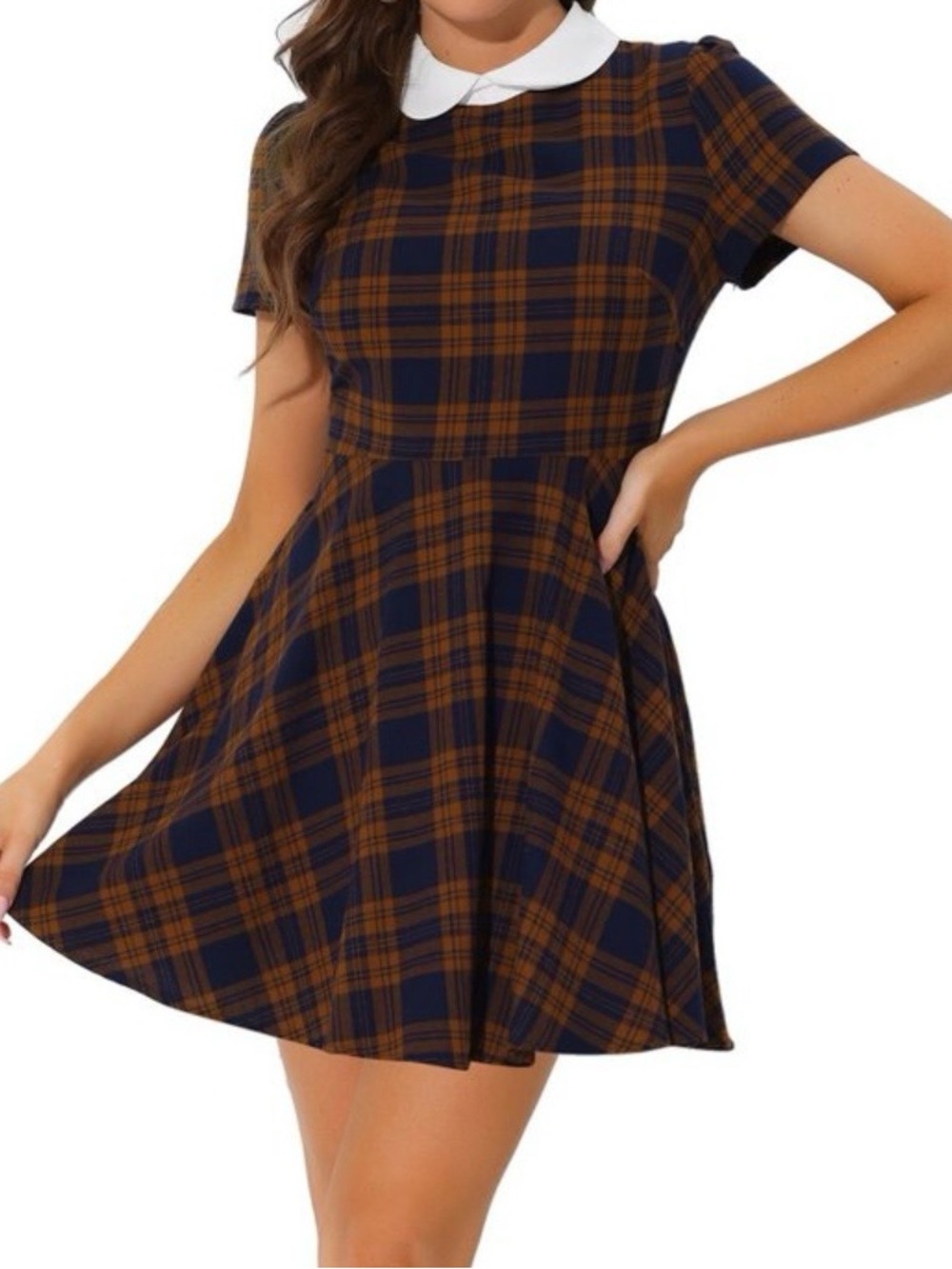 Allegra K Plaid Grid Peter Pan Collar A-Line Mini Dress Size XS